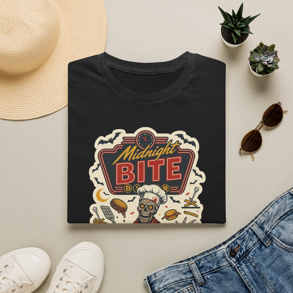 Black t-shirt styled flat with a candle — late-night diner sign