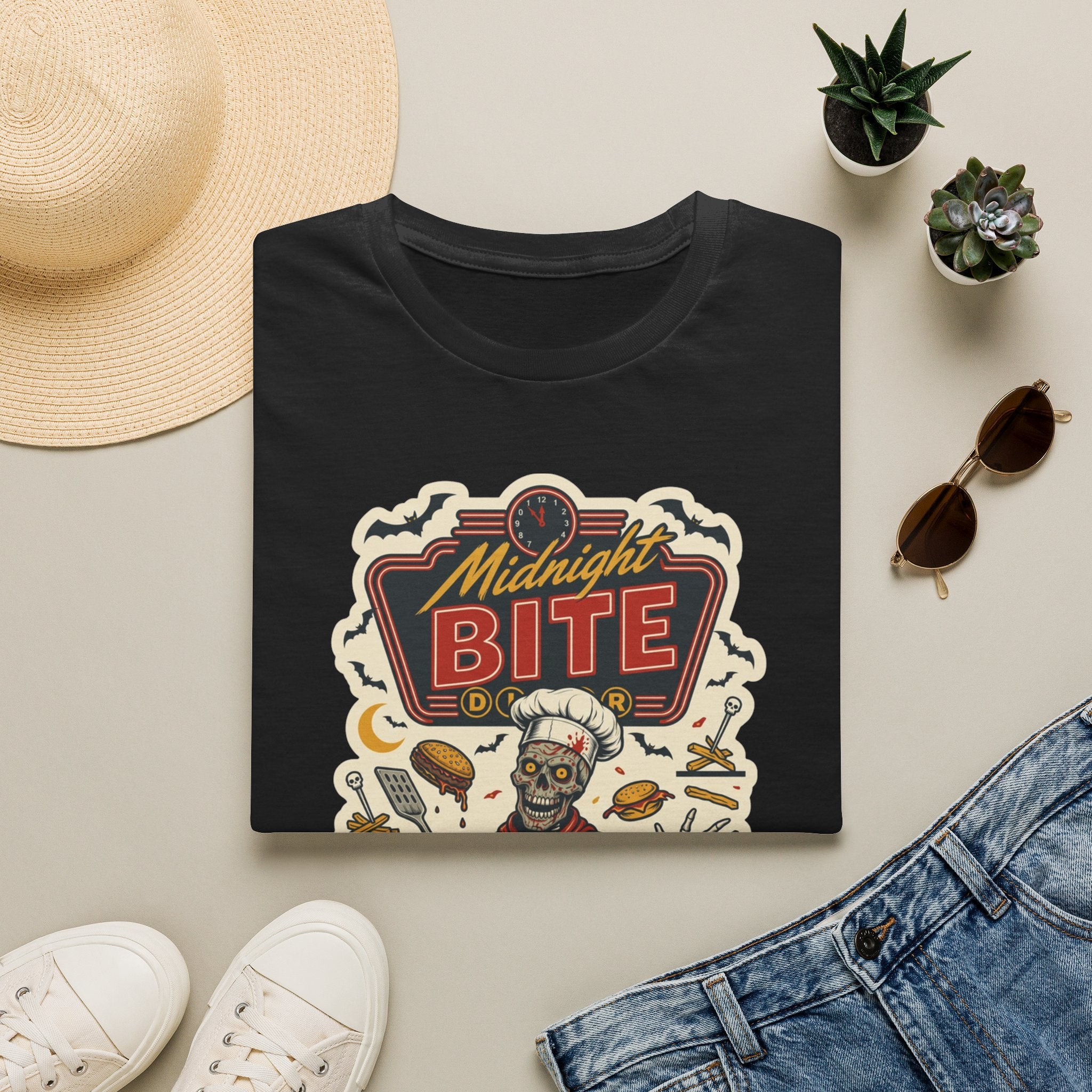 Black t-shirt styled flat with a candle — late-night diner sign