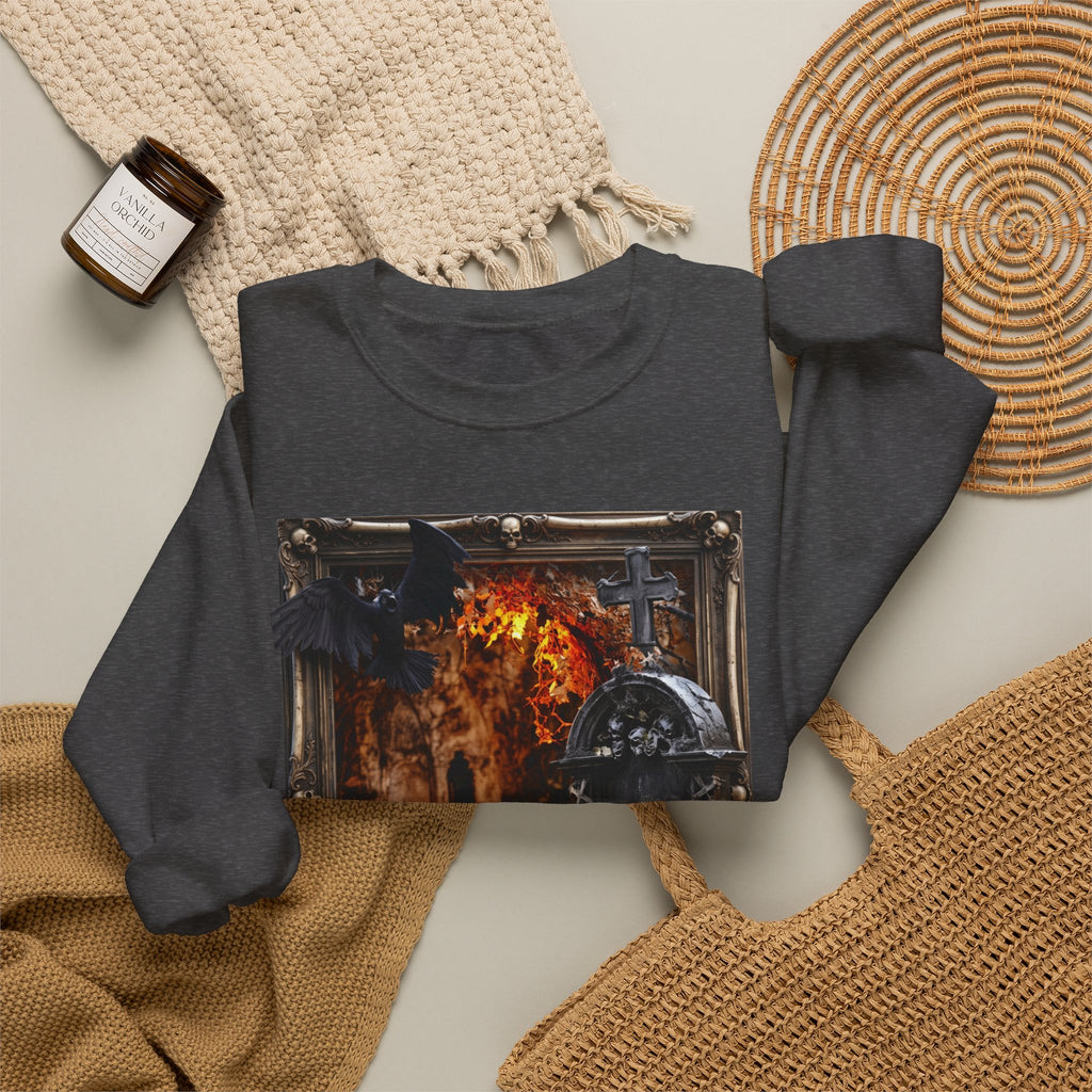 Dark Heather crewneck sweatshirt styled flat with a candle — framed stone tomb scene