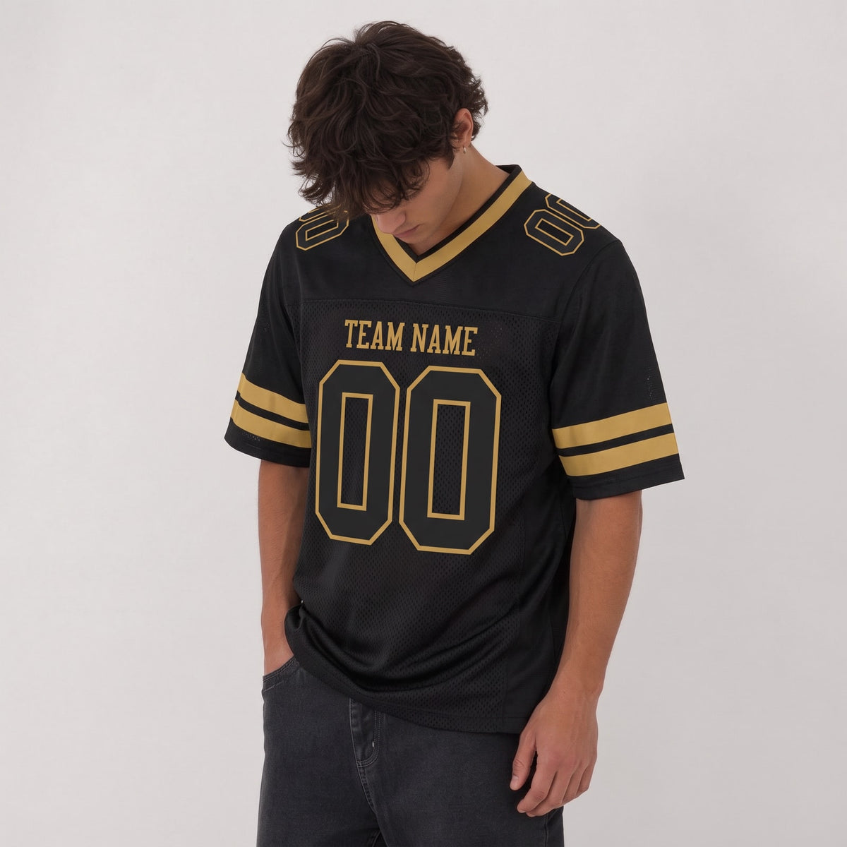 Custom Black Black-Old Gold Mesh Football Jersey - 2