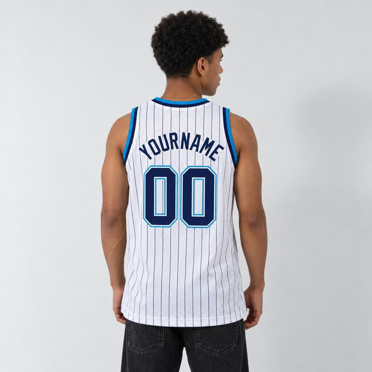 Custom White Navy Pinstripe Navy-Blue Basketball Jersey - 3