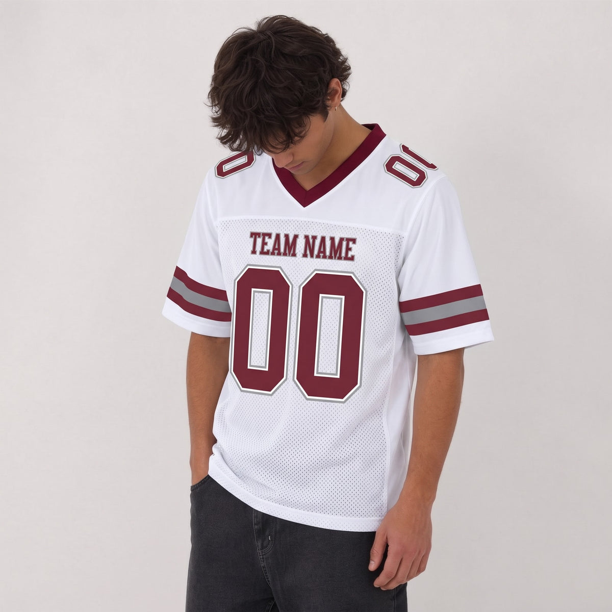 Custom White Burgundy-Gray Mesh Football Jersey - 2
