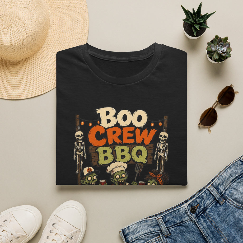 Black t-shirt styled flat with a candle — skeletons and zombies around a grill