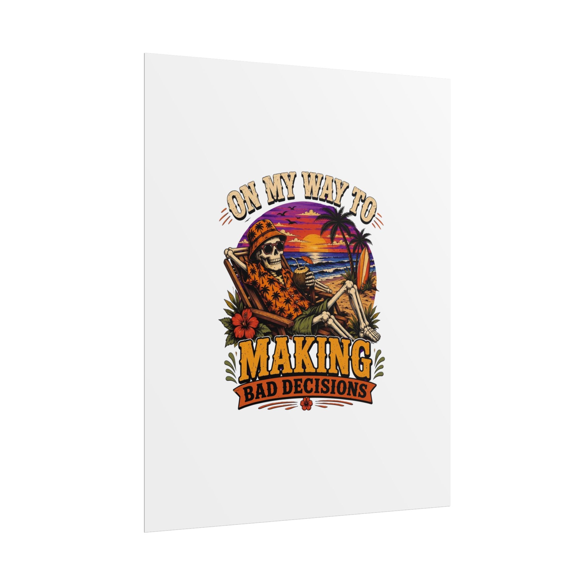 Poster print showing a grinning skeleton stretched out under a burning tropical sunset, view 2