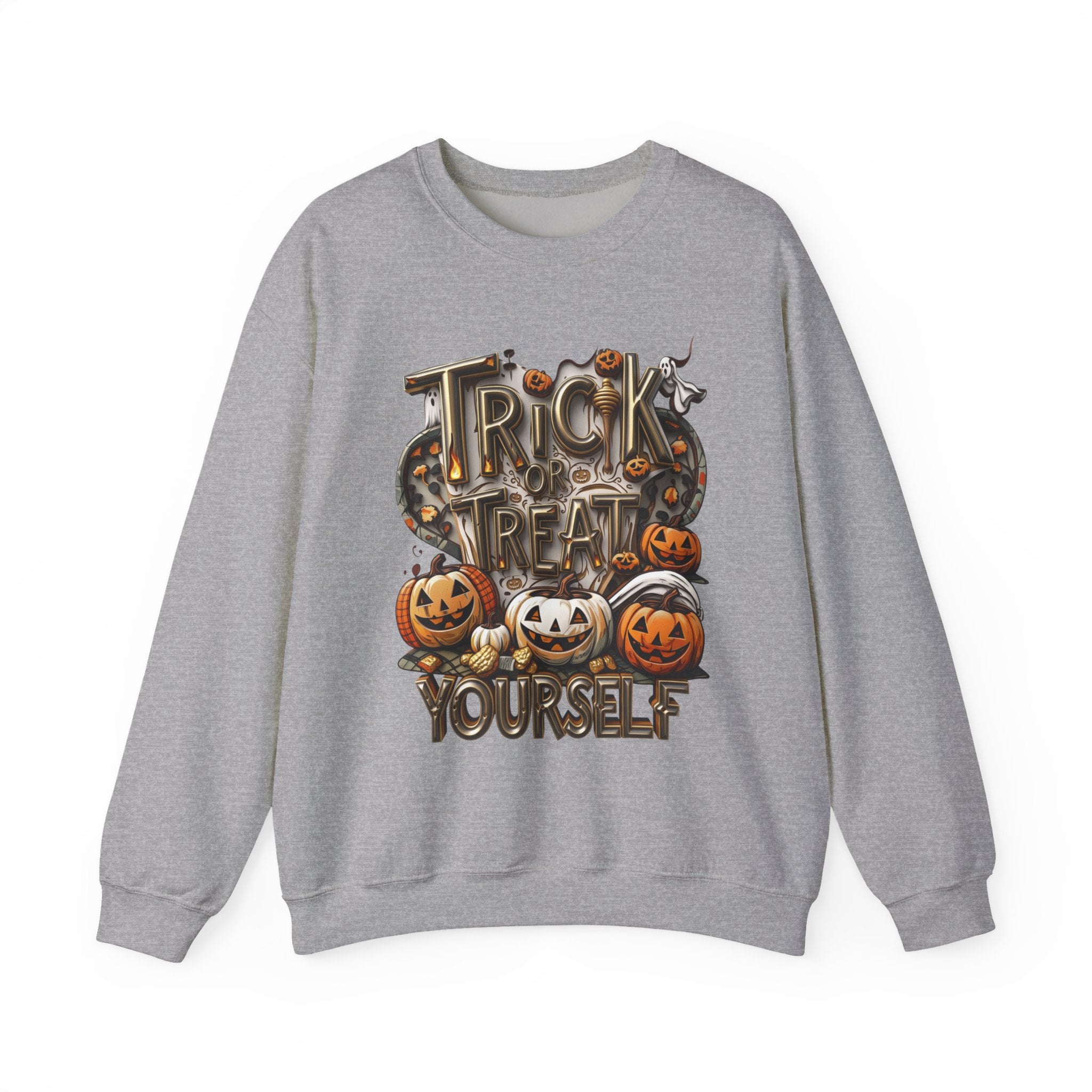 Sport Grey crewneck sweatshirt laid flat, printed with a carved metallic lettering reading trick or treat yourself sits