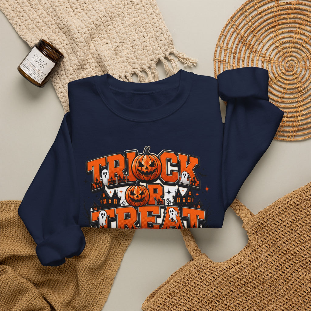 Navy crewneck sweatshirt styled flat with a candle — stacked orange and black lettering