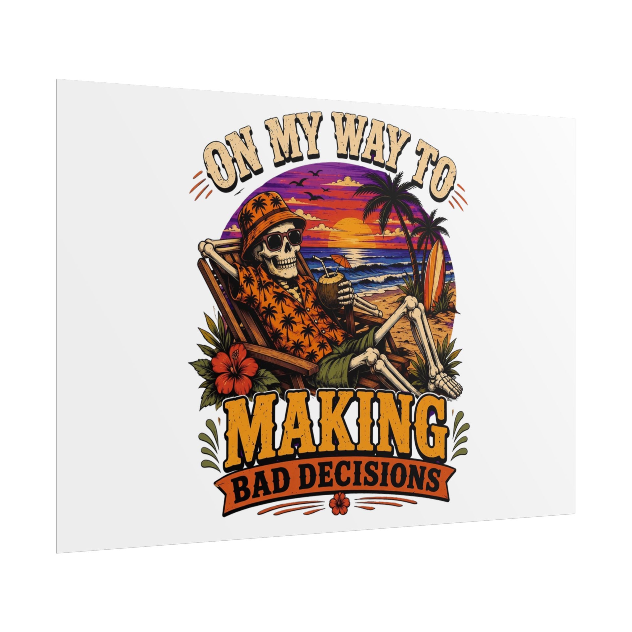 Poster print showing a grinning skeleton stretched out under a burning tropical sunset, view 26