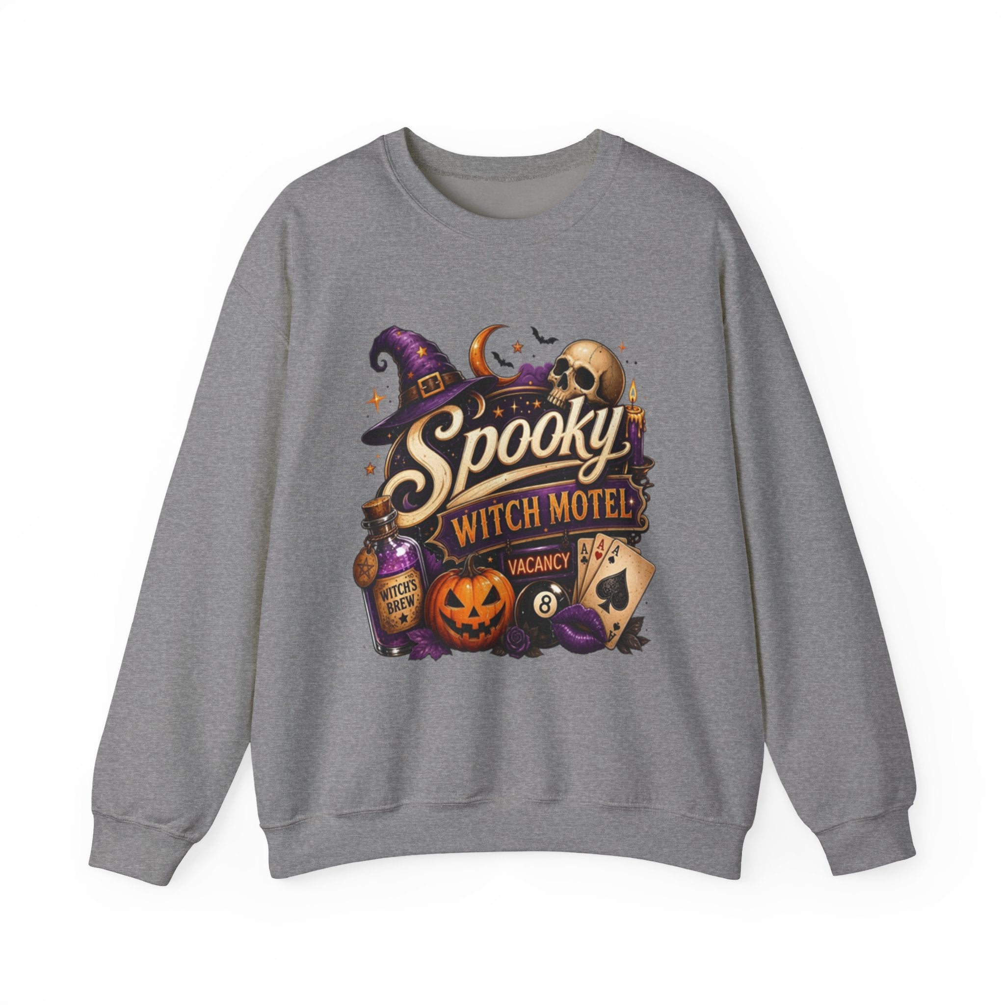 Graphite Heather crewneck sweatshirt laid flat, printed with a neon vintage motel sign reading spooky witch motel