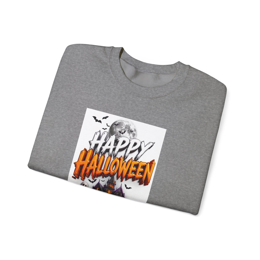 Graphite Heather crewneck sweatshirt folded to show the haunted house print