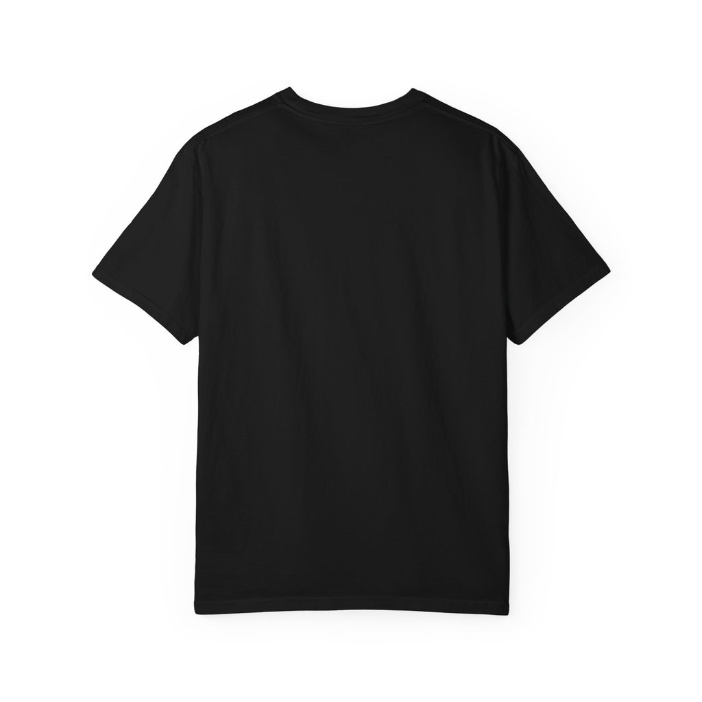 Black t-shirt, plain back — tall striped mug in retro collage on the front