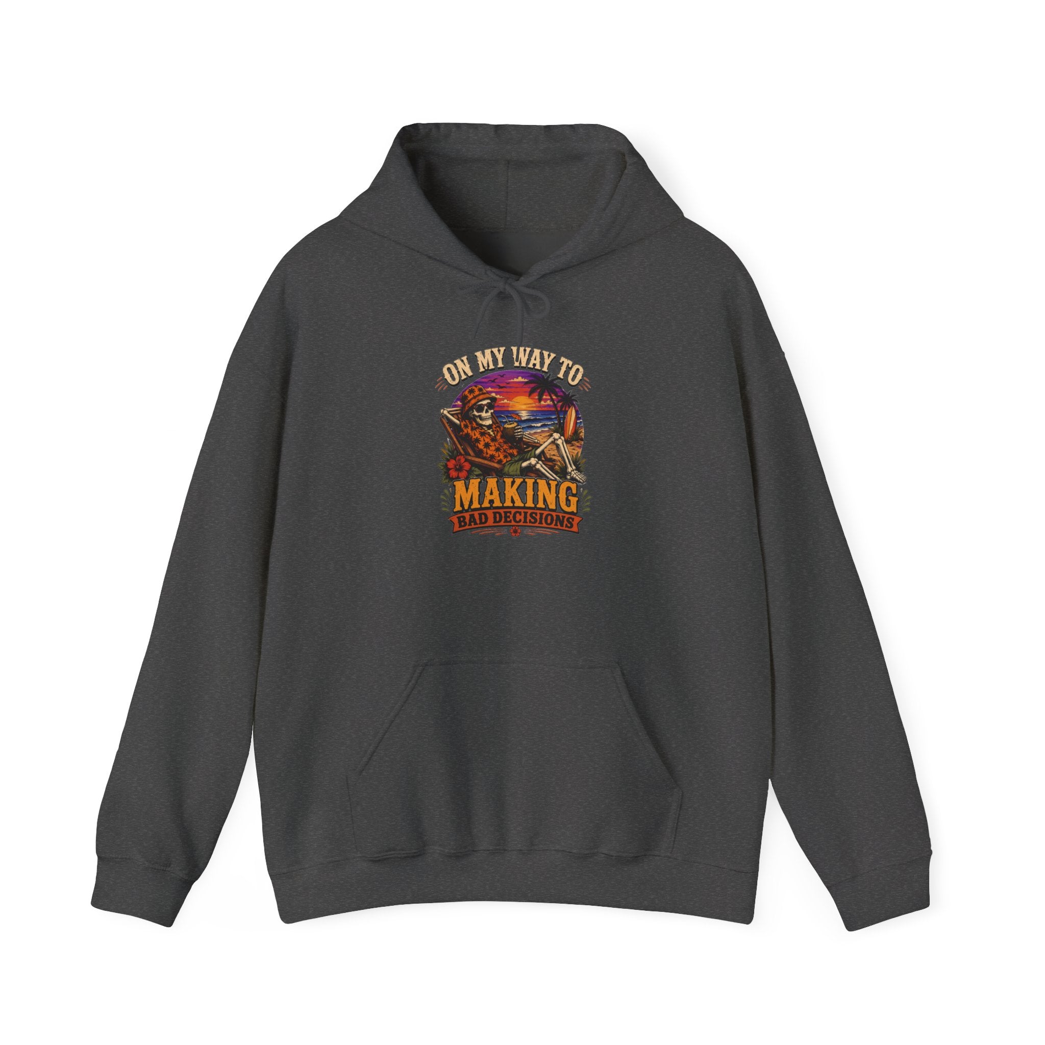 Dark Heather hoodie laid flat, printed with a sunset skeleton print centred on the chest