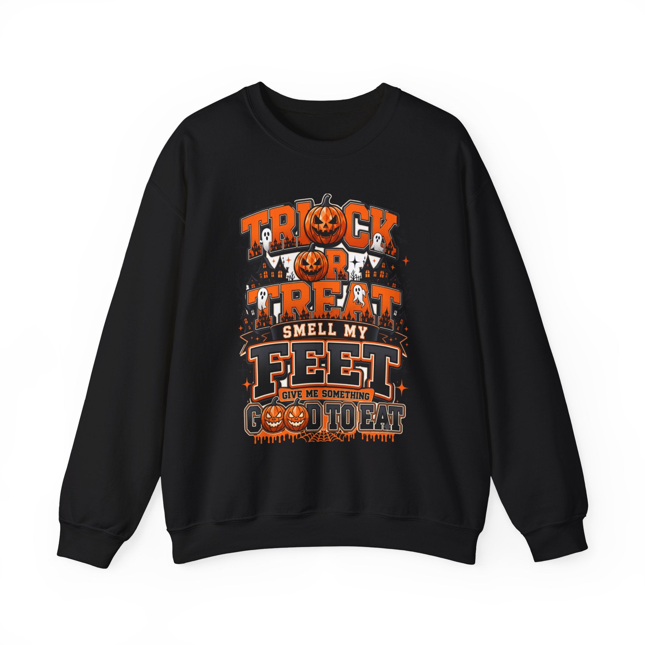 Black crewneck sweatshirt laid flat, printed with a stacked orange and black lettering spells out the classic