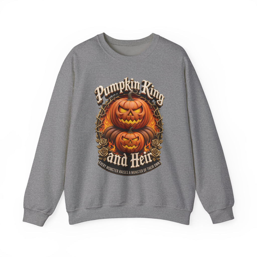 Graphite Heather crewneck sweatshirt laid flat, printed with a two fierce jack-o-lanterns stack up inside a thorny wreath