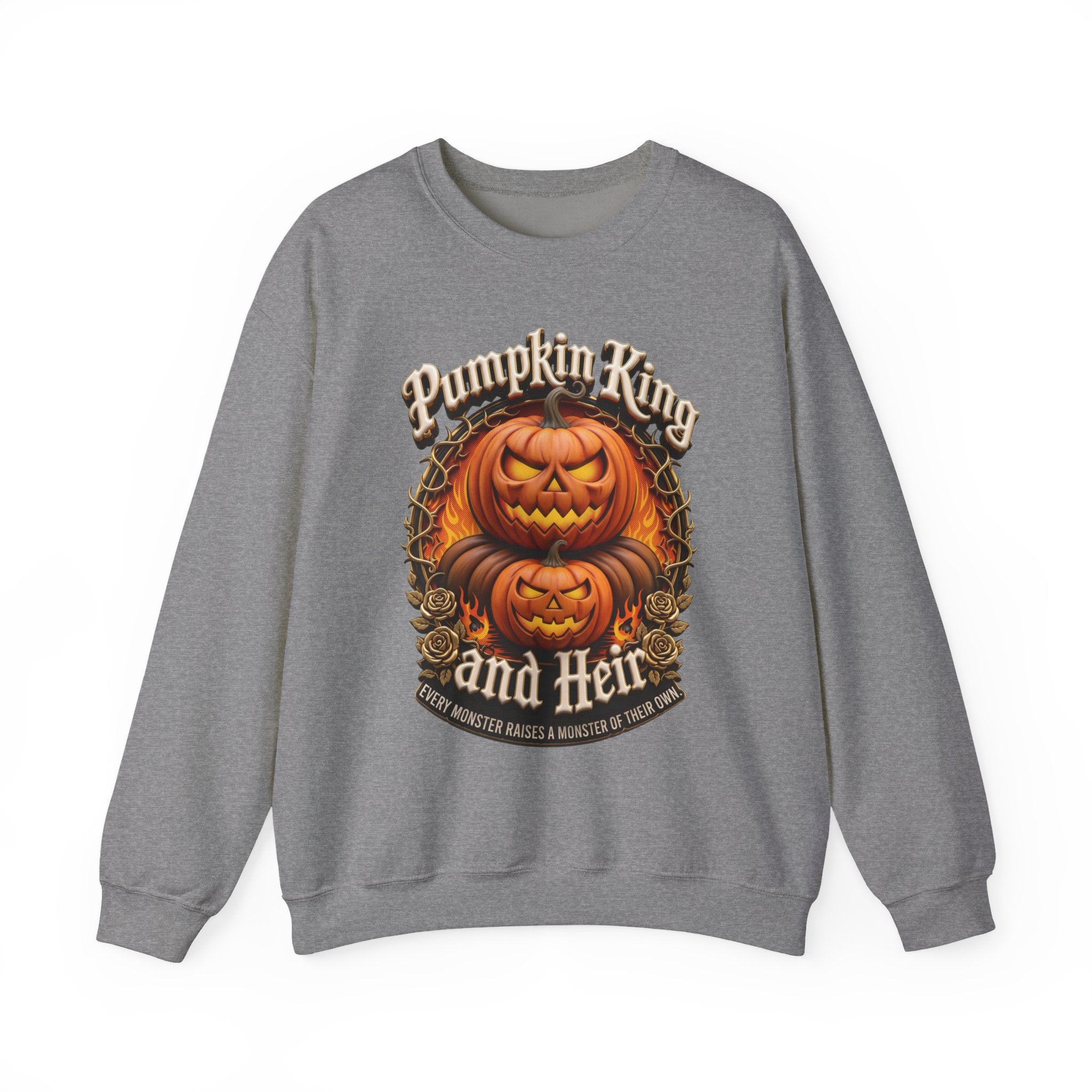 Graphite Heather crewneck sweatshirt laid flat, printed with a two fierce jack-o-lanterns stack up inside a thorny wreath