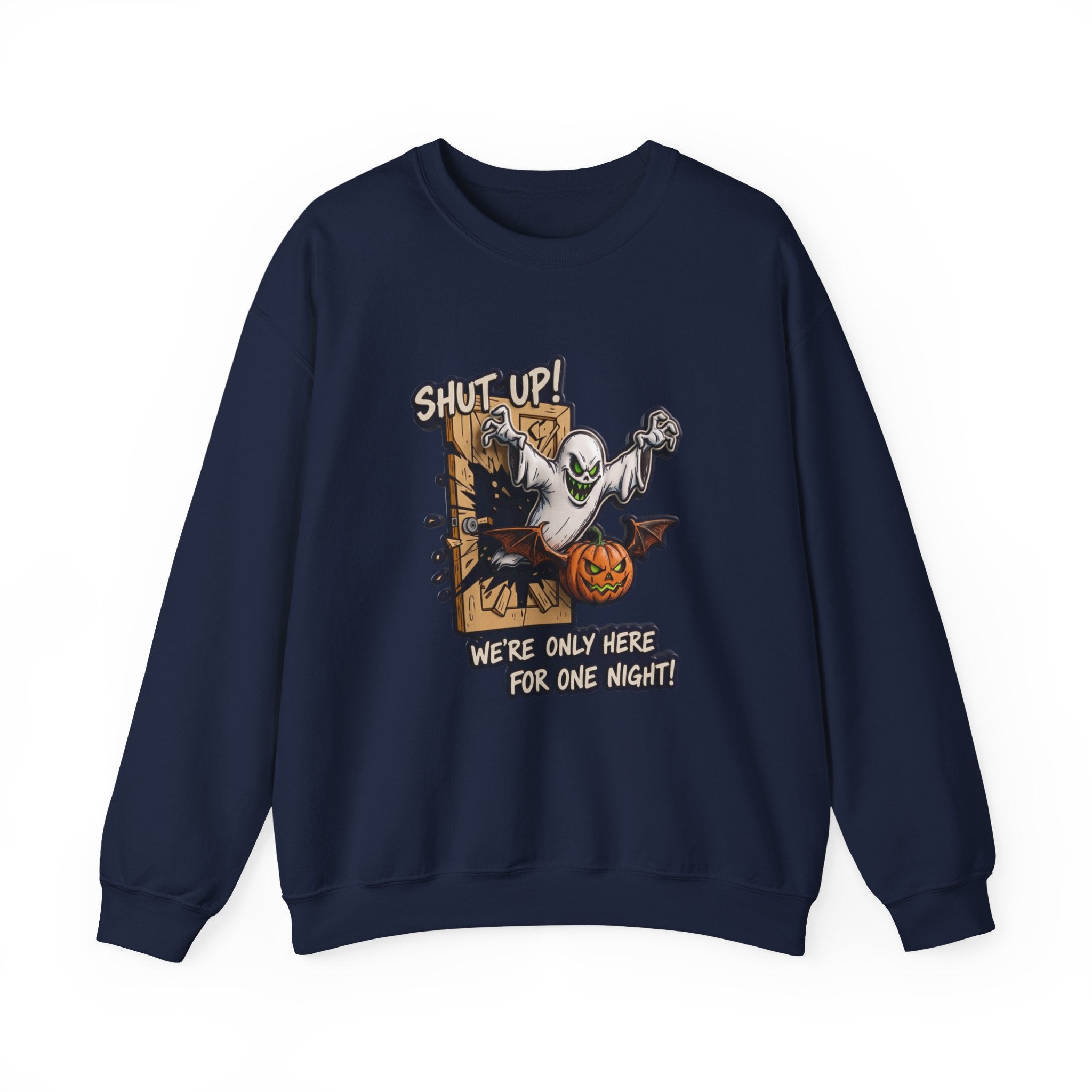 Navy crewneck sweatshirt laid flat, printed with a green-eyed ghost with bat wings bursts through a wooden