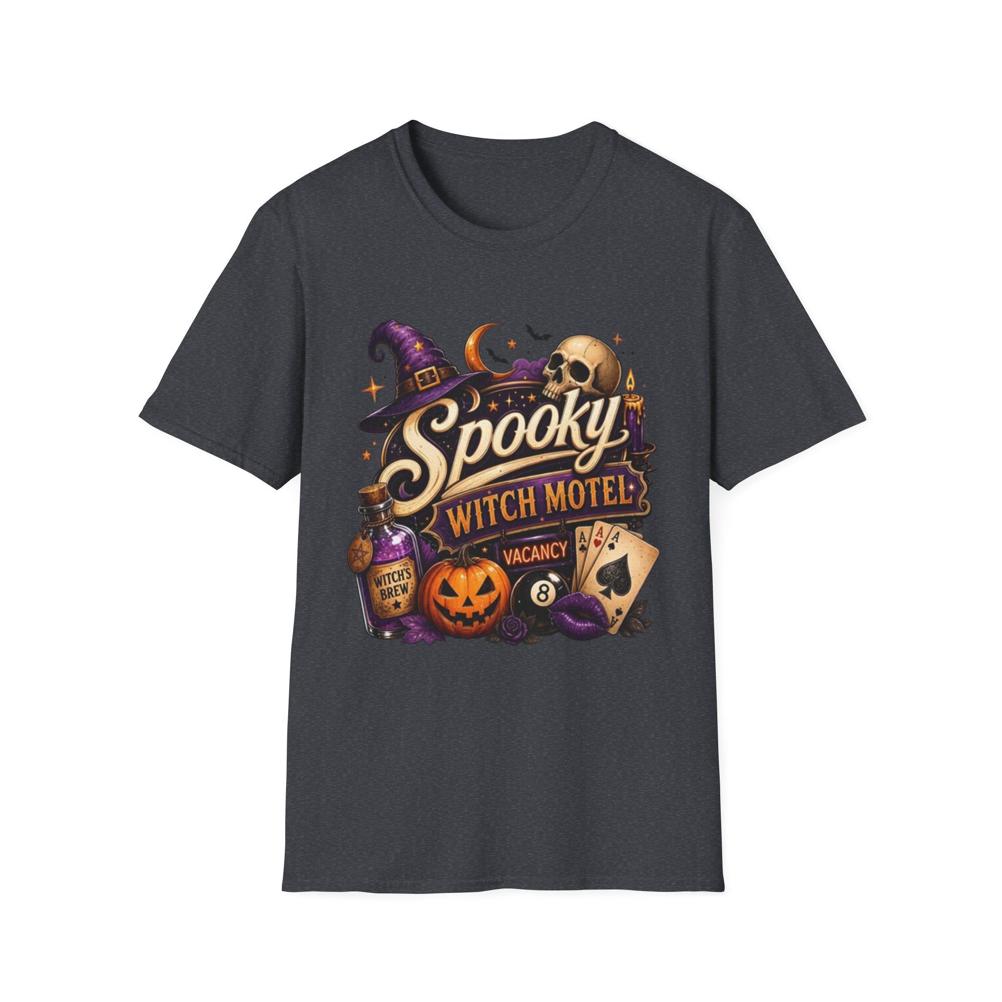 Dark Heather Grey t-shirt, plain back — neon Spooky Witch Motel sign on the front