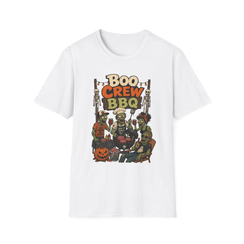White t-shirt laid flat, printed with a skeletons and zombies crowded around a smoking grill