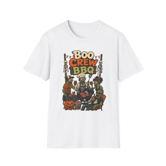 White t-shirt laid flat, printed with a skeletons and zombies crowded around a smoking grill