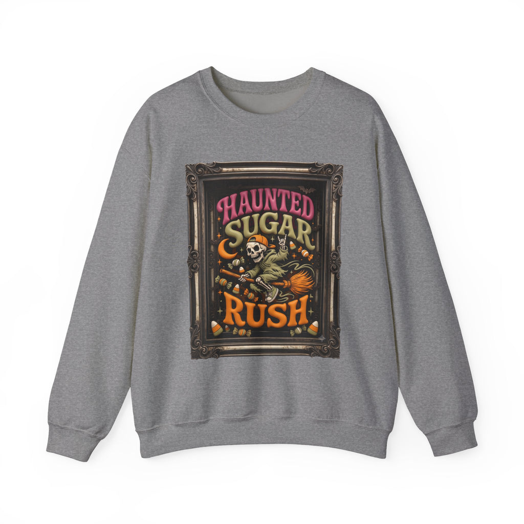 Graphite Heather crewneck sweatshirt laid flat, printed with a hooded skeleton rides a broom past a crescent moon
