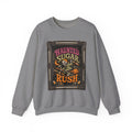 Graphite Heather crewneck sweatshirt laid flat, printed with a hooded skeleton rides a broom past a crescent moon