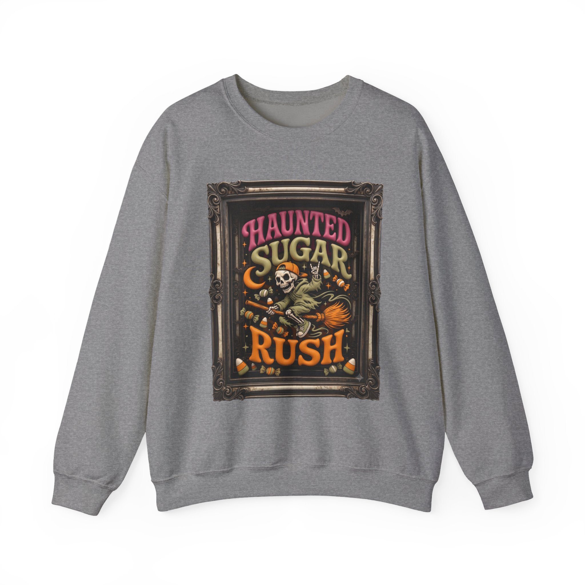 Graphite Heather crewneck sweatshirt laid flat, printed with a hooded skeleton rides a broom past a crescent moon