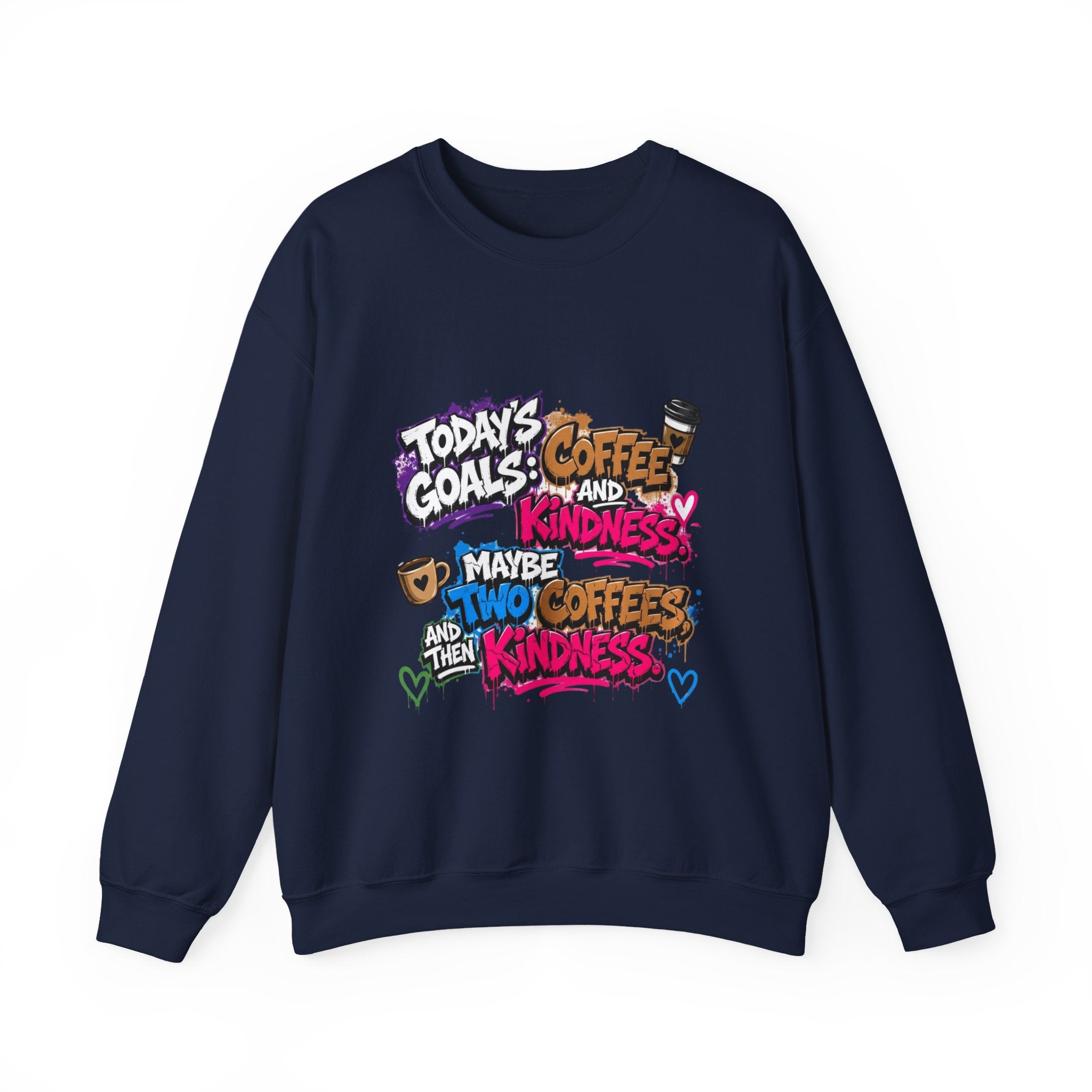 Navy crewneck sweatshirt laid flat, printed with a stacked graffiti lettering in electric pinks