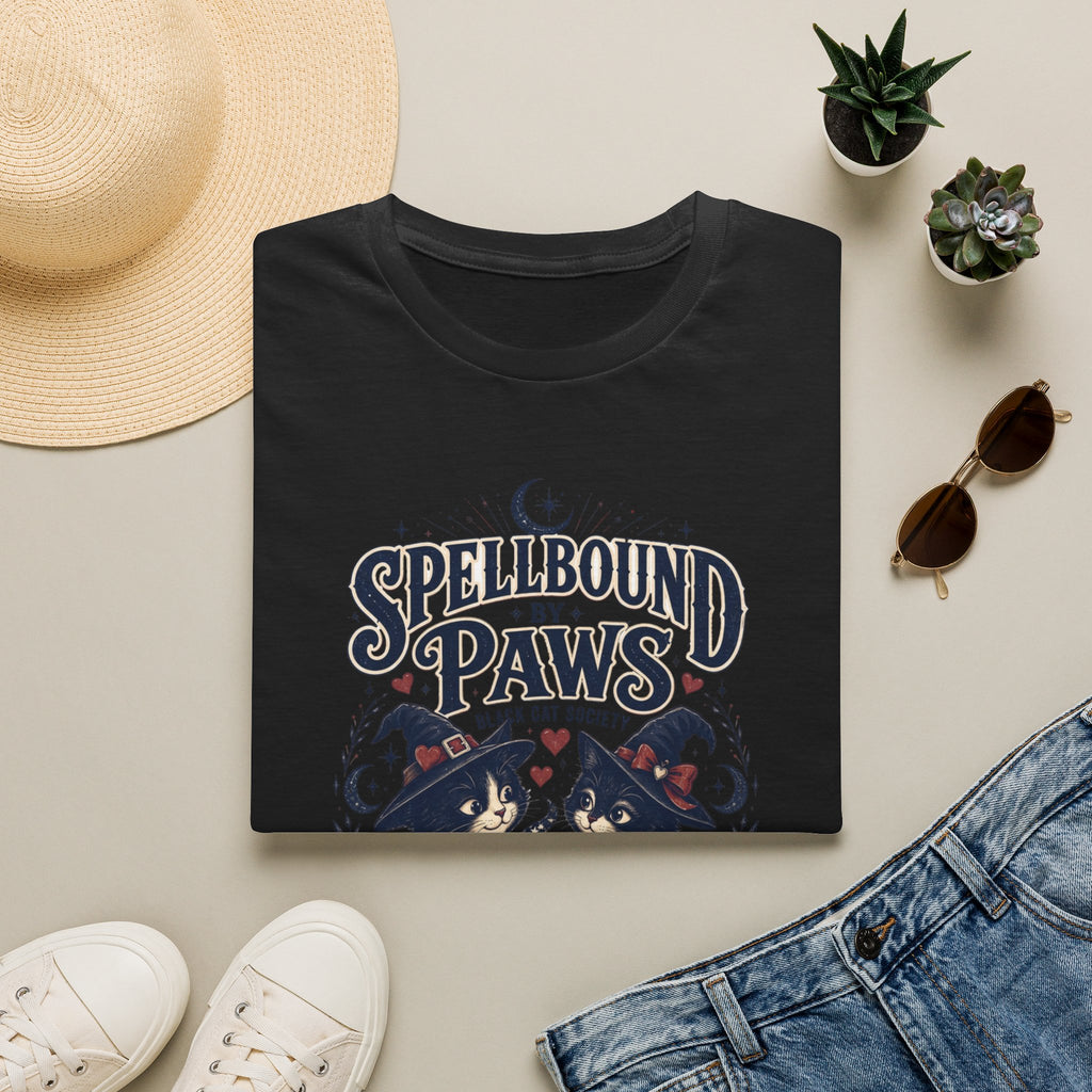 Black t-shirt styled flat with a candle — two black cats in witch hats
