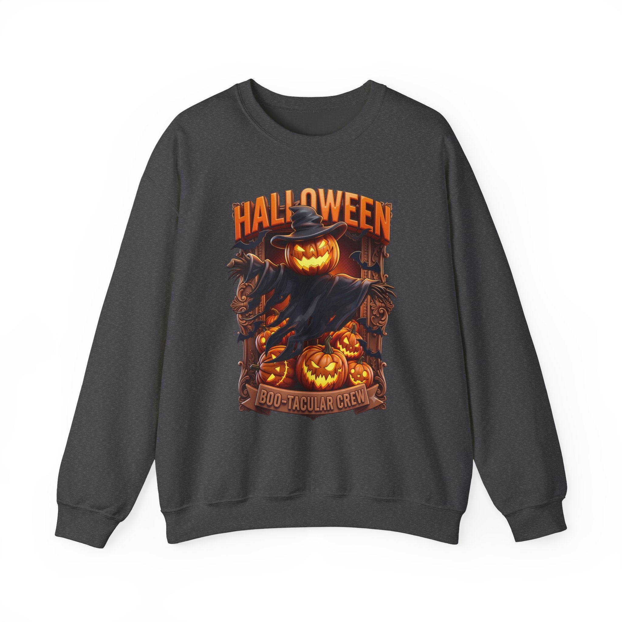 Dark Heather crewneck sweatshirt laid flat, printed with a scarecrow with a glowing jack-o-lantern head stands
