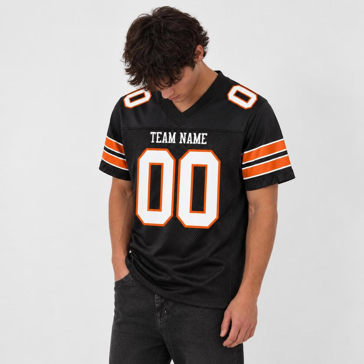 Custom Black White-Orange Mesh Football Jersey - 2