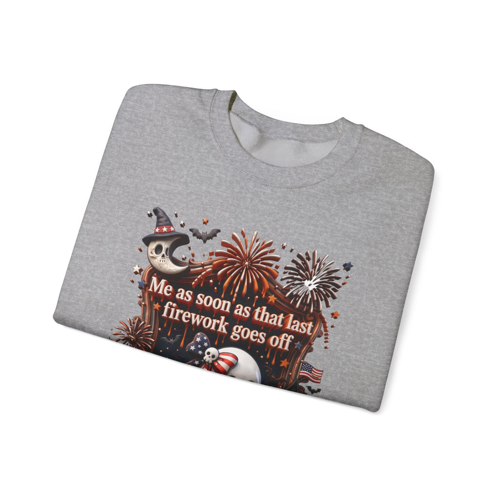 Sport Grey crewneck sweatshirt folded to show the wide-eyed ghost clutches a striped firework print