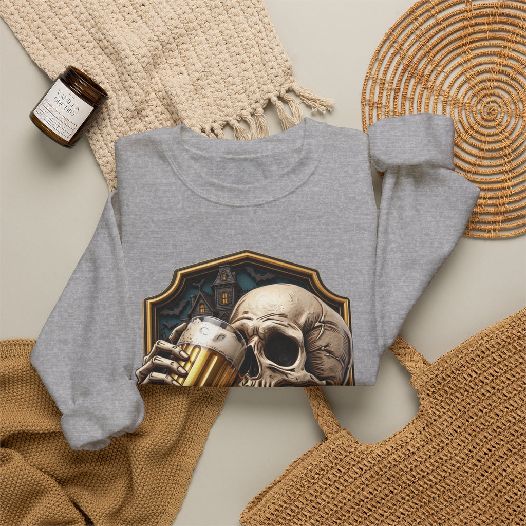 Sport Grey crewneck sweatshirt styled flat with a candle — cracked skull with a beer mug