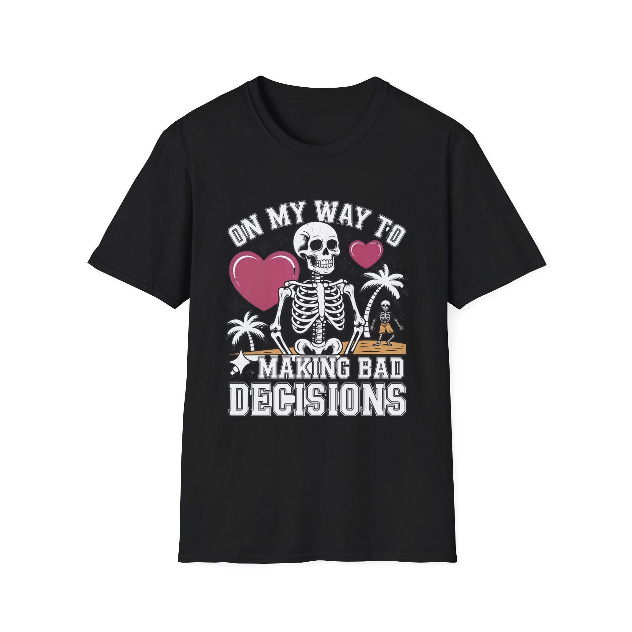 Black t-shirt laid flat, printed with a two line drawn skeletons under pink hearts and bold