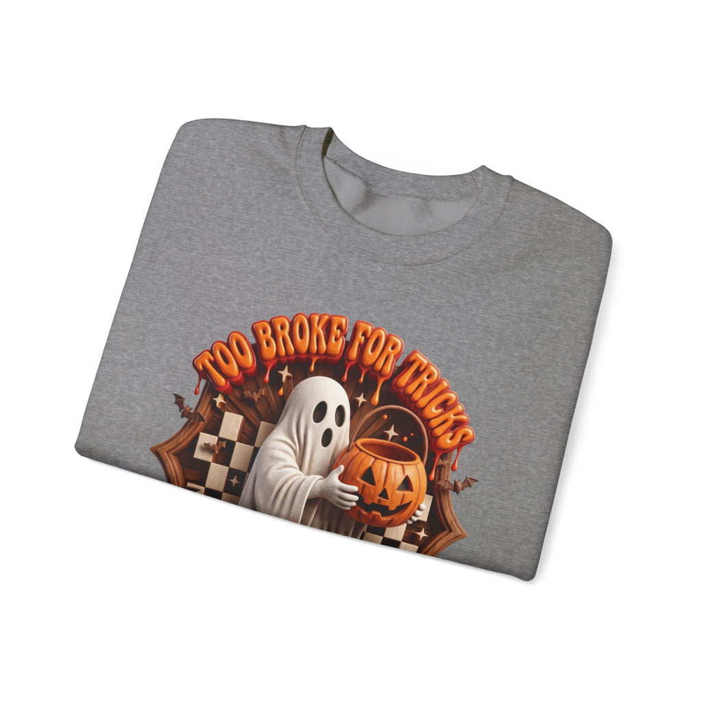 Graphite Heather crewneck sweatshirt folded to show the sheet ghost hugs a jack-o-lantern candy pail print