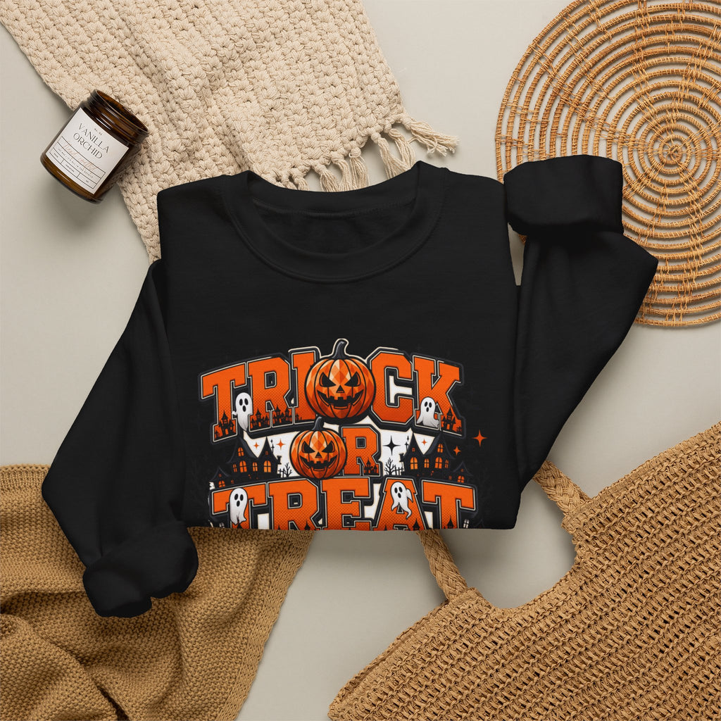 Black crewneck sweatshirt styled flat with a candle — stacked orange and black lettering