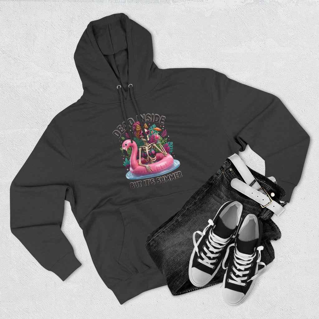 Charcoal Heather hoodie folded to show the deadpan summer joke for people who run cold print