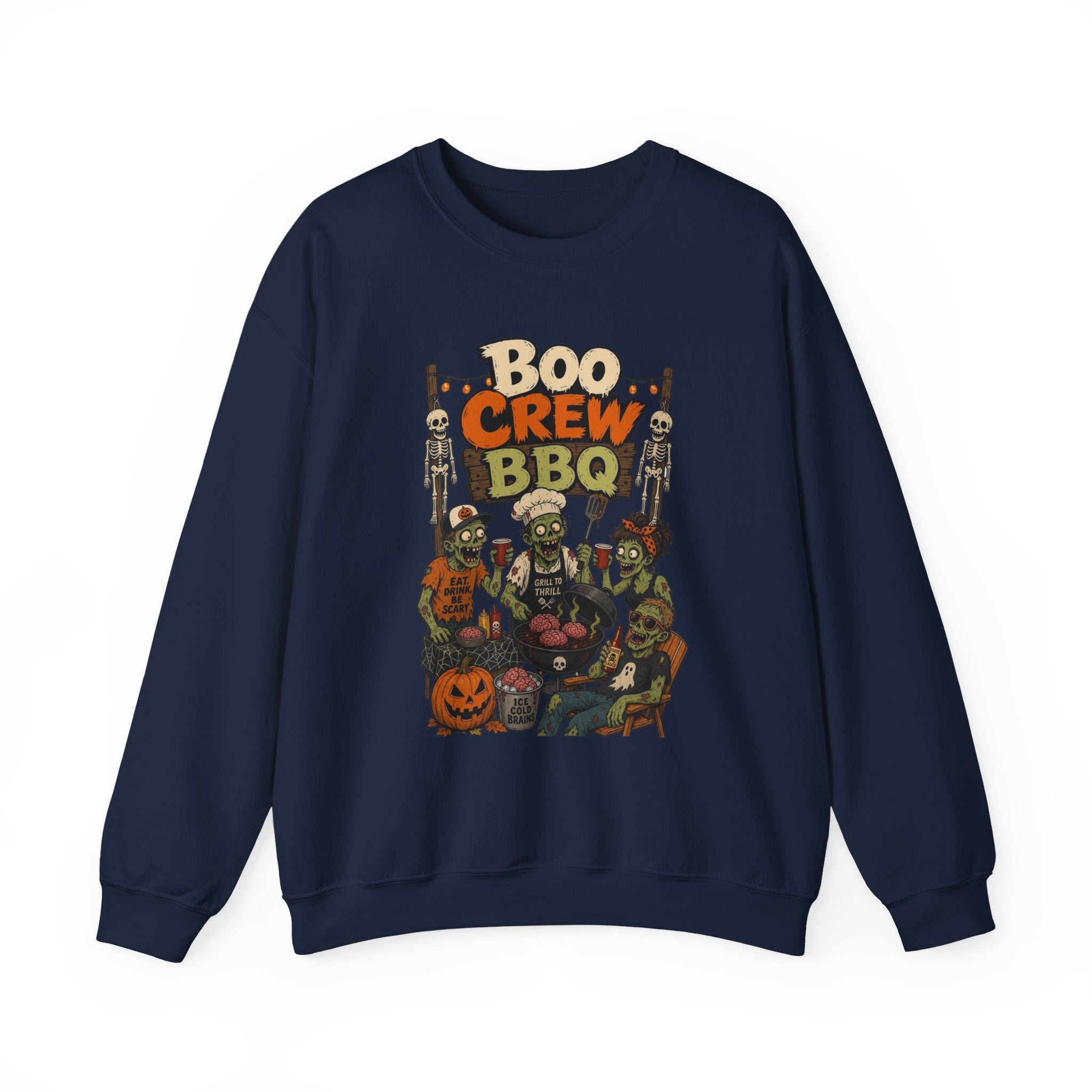 Navy crewneck sweatshirt laid flat, printed with a skeletons and zombies working the grill under a hand-painted