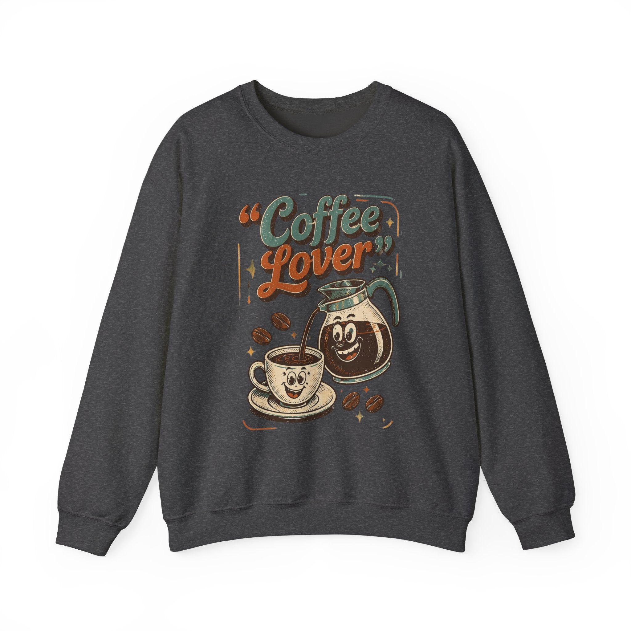 Dark Heather crewneck sweatshirt laid flat, printed with a retro coffee pot