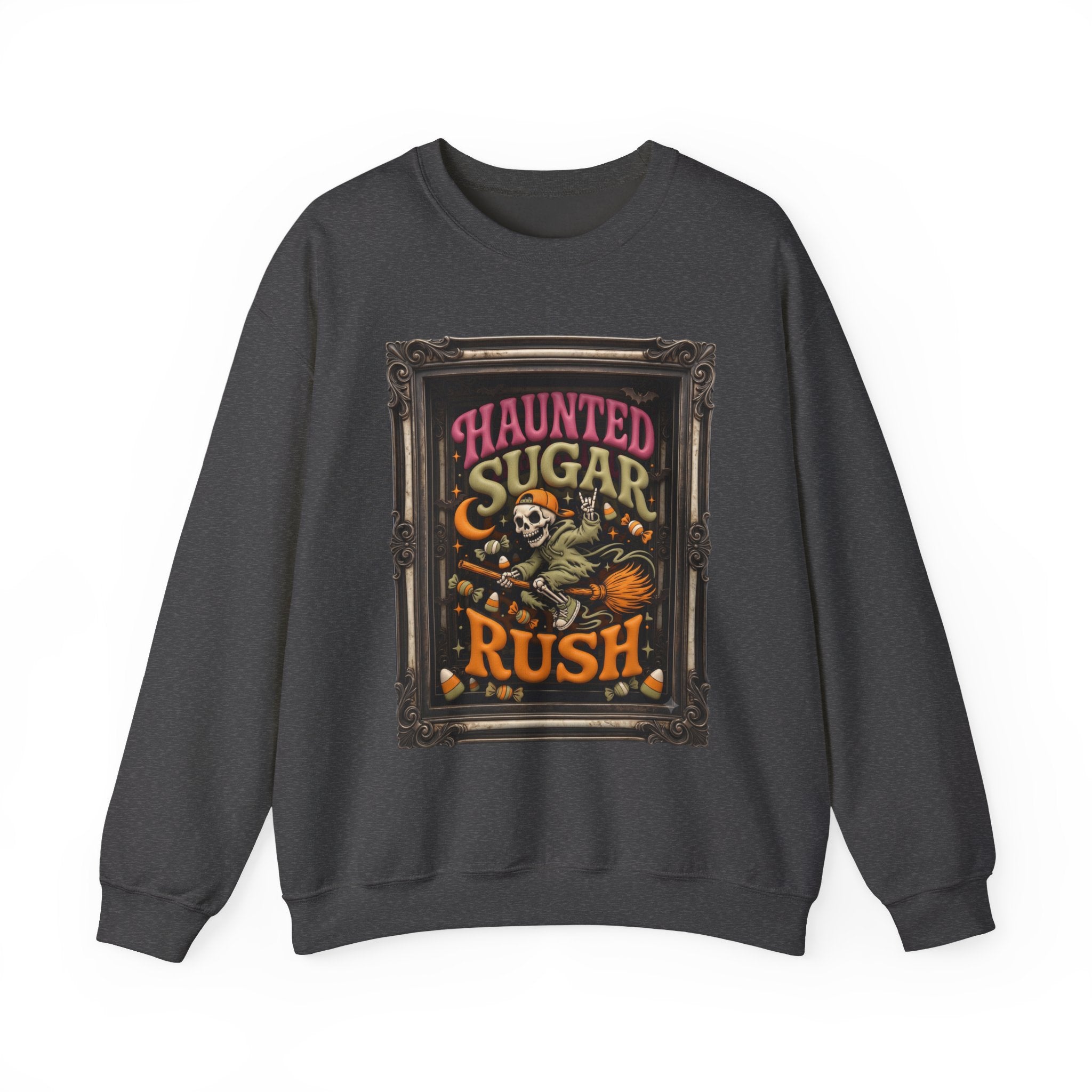 Dark Heather crewneck sweatshirt laid flat, printed with a hooded skeleton rides a broom past a crescent moon