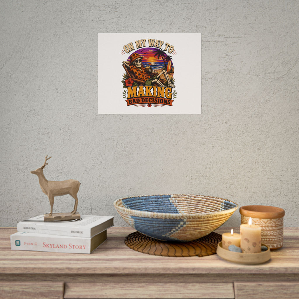 Poster print showing a grinning skeleton stretched out under a burning tropical sunset, view 16