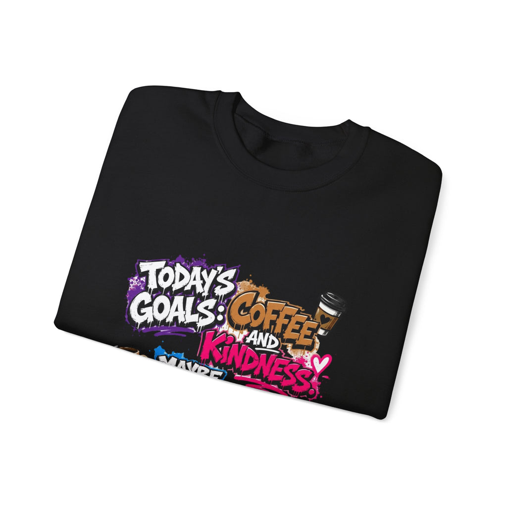 Black crewneck sweatshirt folded to show the stacked graffiti lettering in electric pinks print
