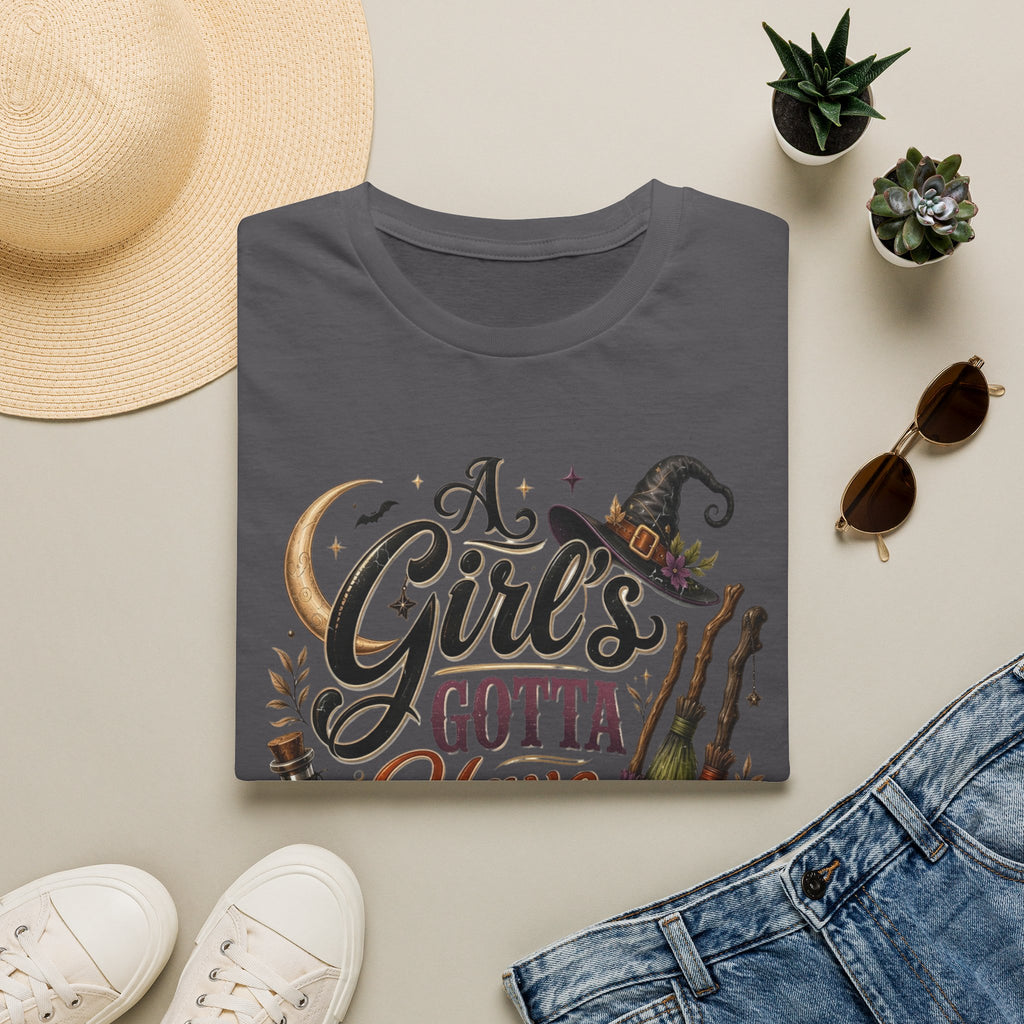 Charcoal t-shirt styled flat with a candle — hand-lettered A Girl's Gotta Have Options