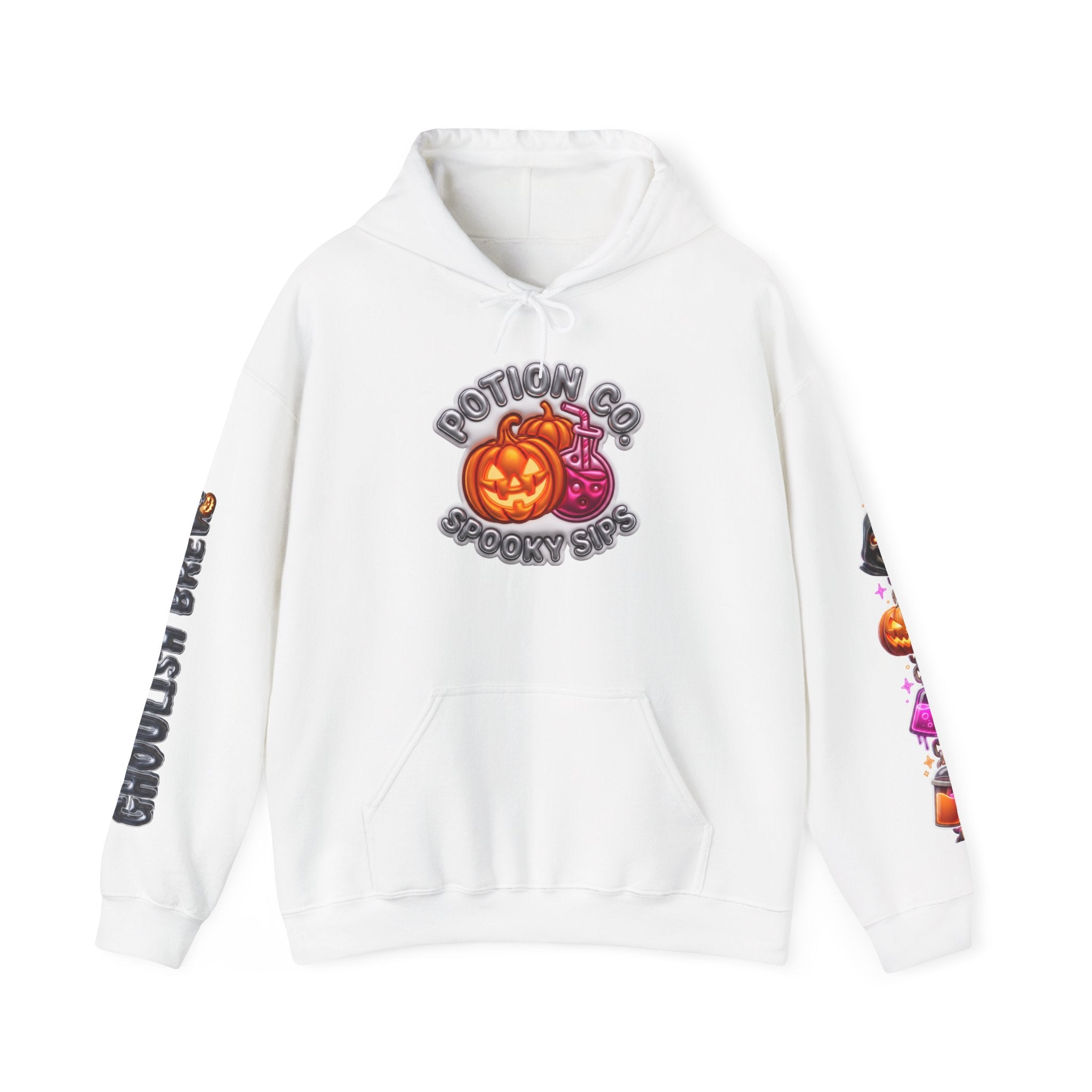 White hoodie laid flat, printed with a potion co. halloween graphic of jack-o-lanterns and potion bottles