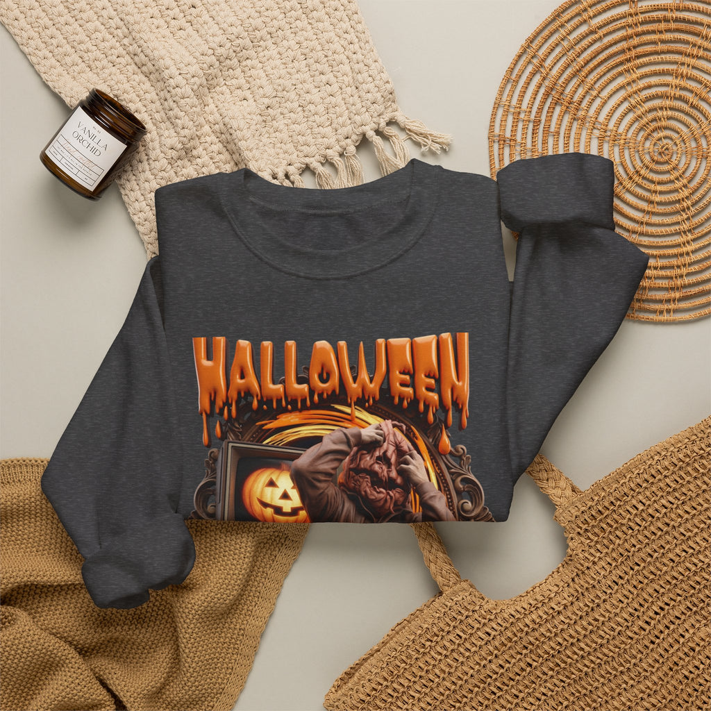Dark Heather crewneck sweatshirt styled flat with a candle — hunched monster clawing its own head