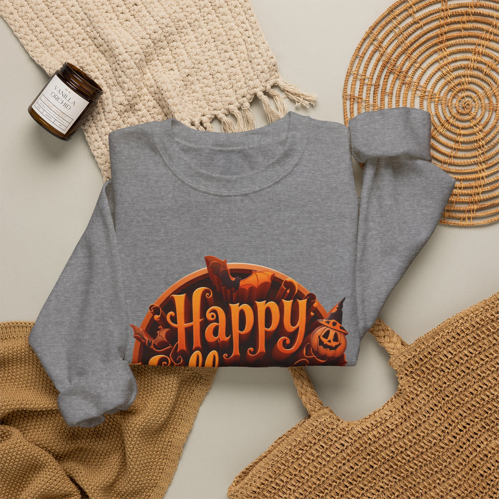 Graphite Heather crewneck sweatshirt styled flat with a candle — glowing orange Happy Halloween badge