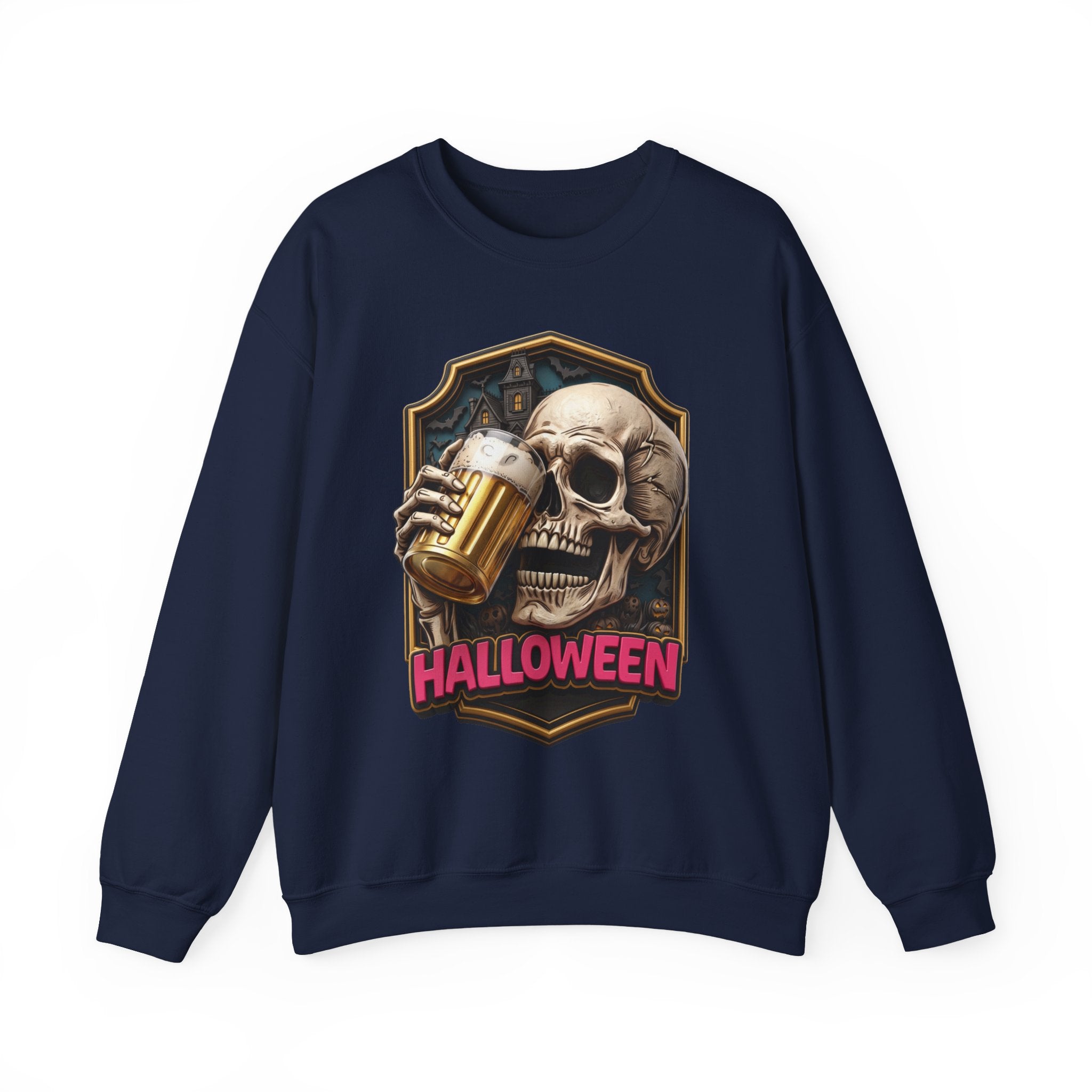 Navy crewneck sweatshirt laid flat, printed with a cracked skull lifts a frothy beer mug inside