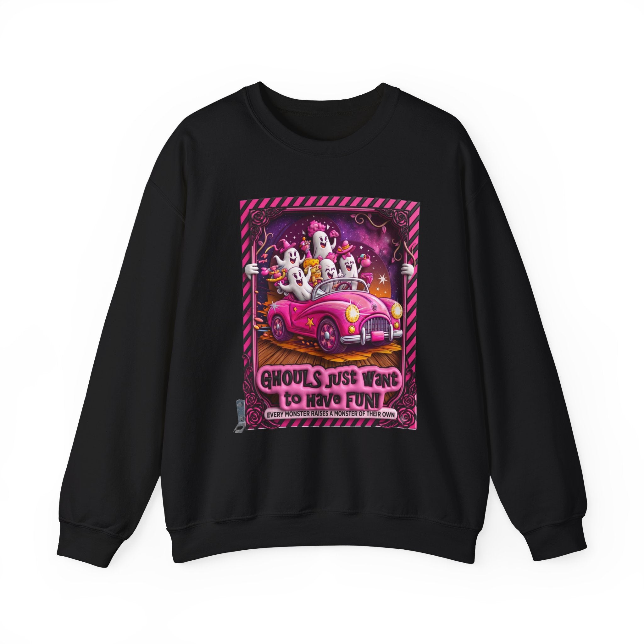 Black crewneck sweatshirt laid flat, printed with a carload of smiling ghosts cruises in a bubblegum pink