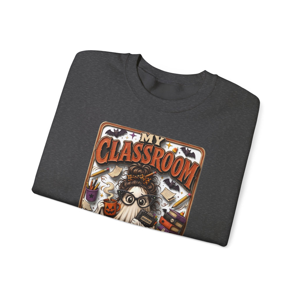 Dark Heather crewneck sweatshirt folded to show the bespectacled ghost with a messy bun grades away among print