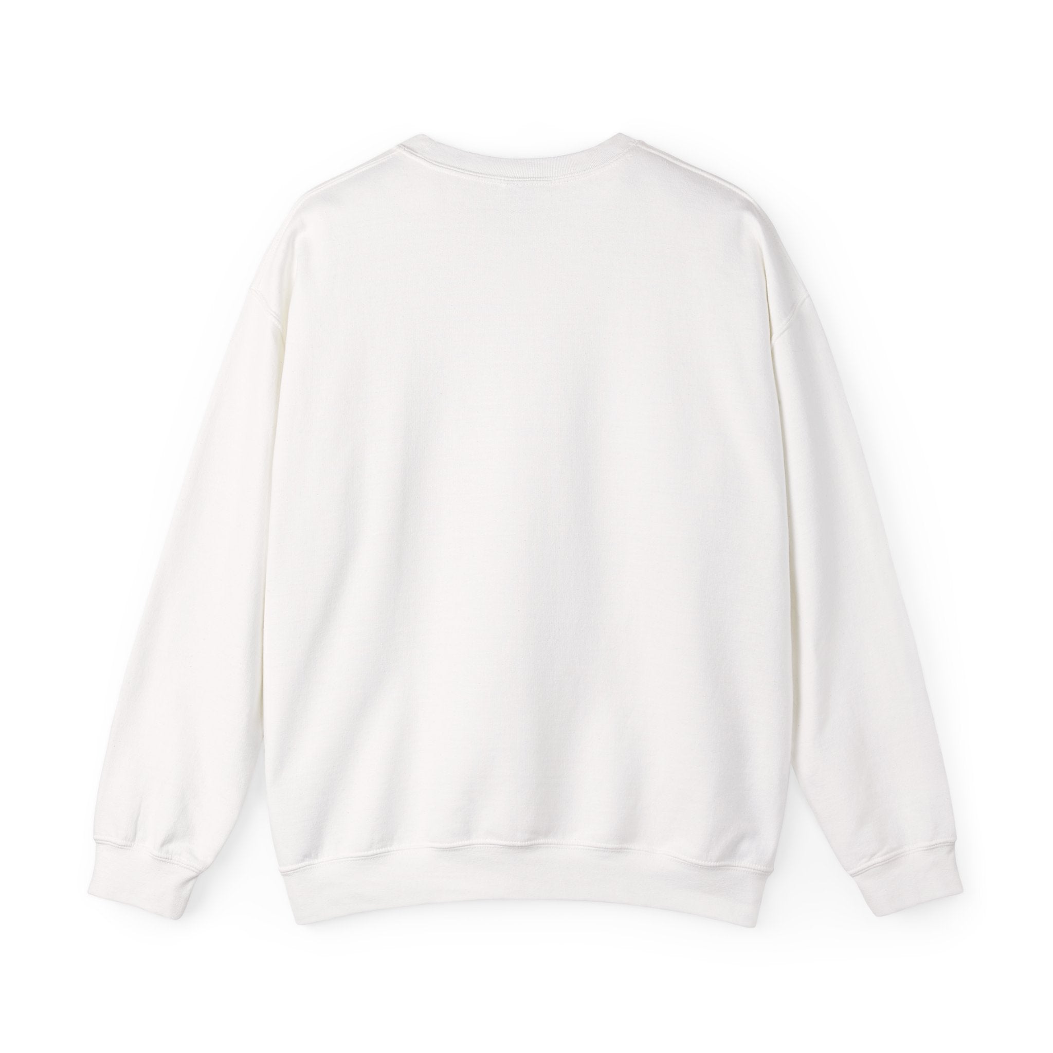 White crewneck sweatshirt, plain back — sheet ghost in an orange cap on the front