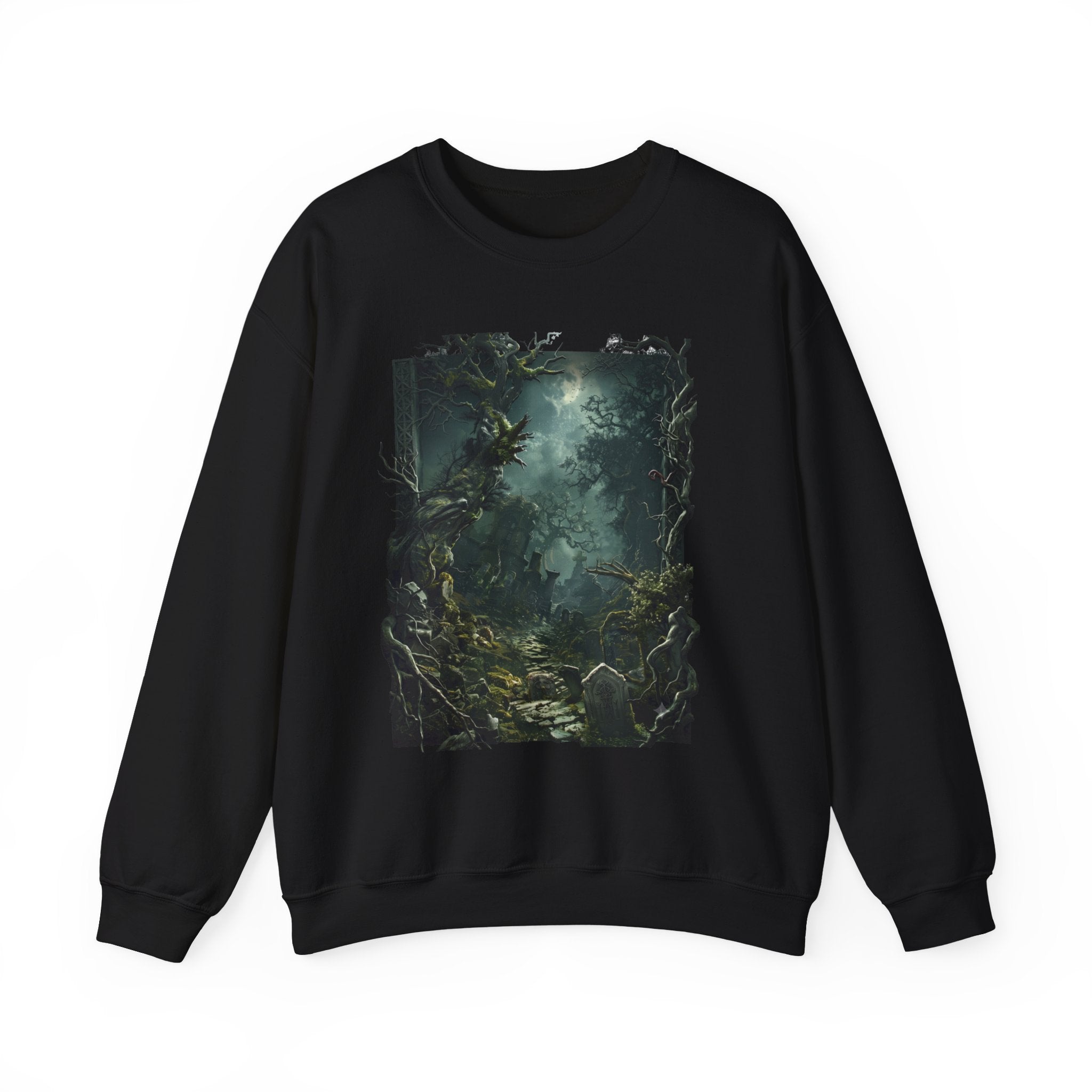 Black crewneck sweatshirt laid flat, printed with a moonlit forest of gnarled mossy trees drifts into pale