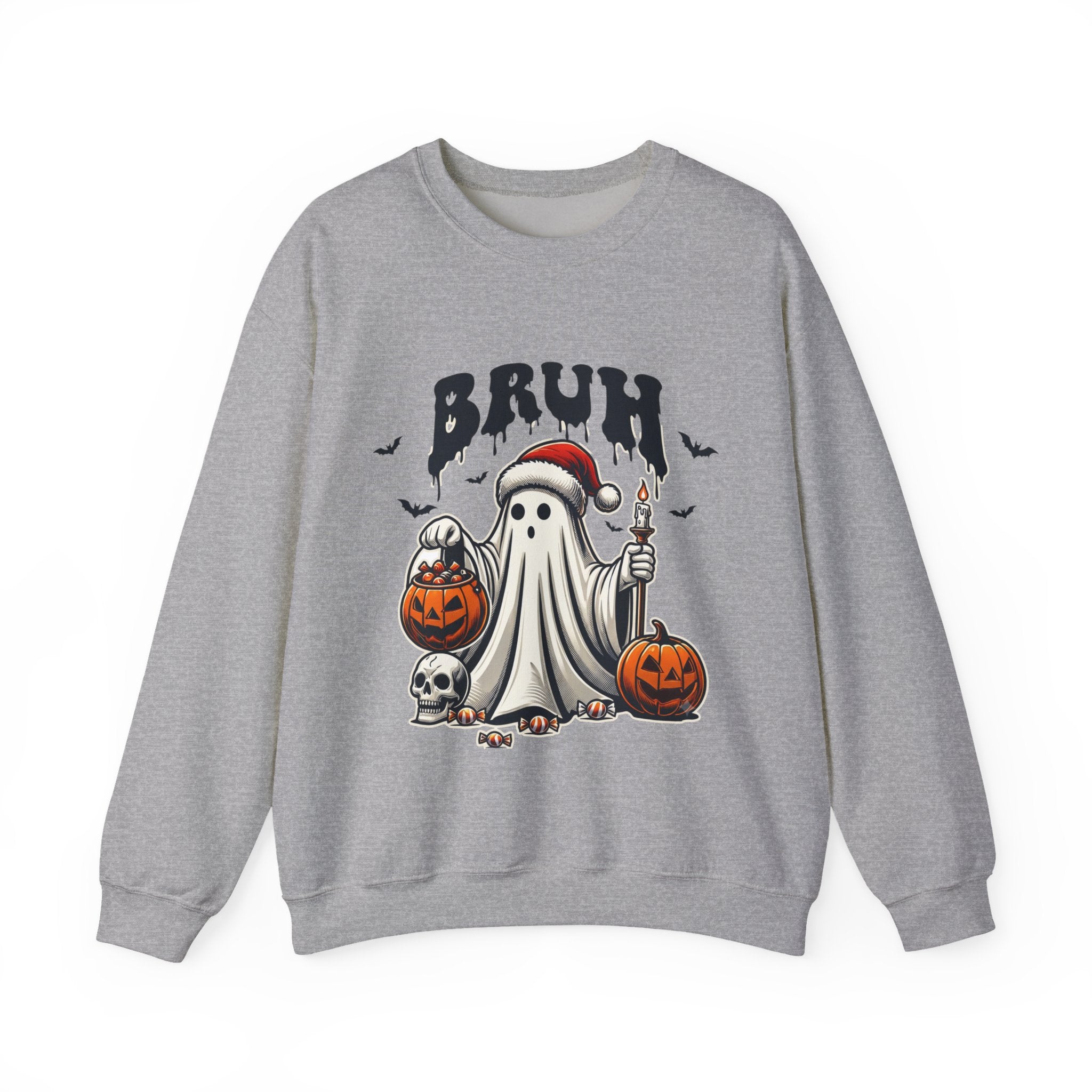 Sport Grey crewneck sweatshirt laid flat, printed with a bats above